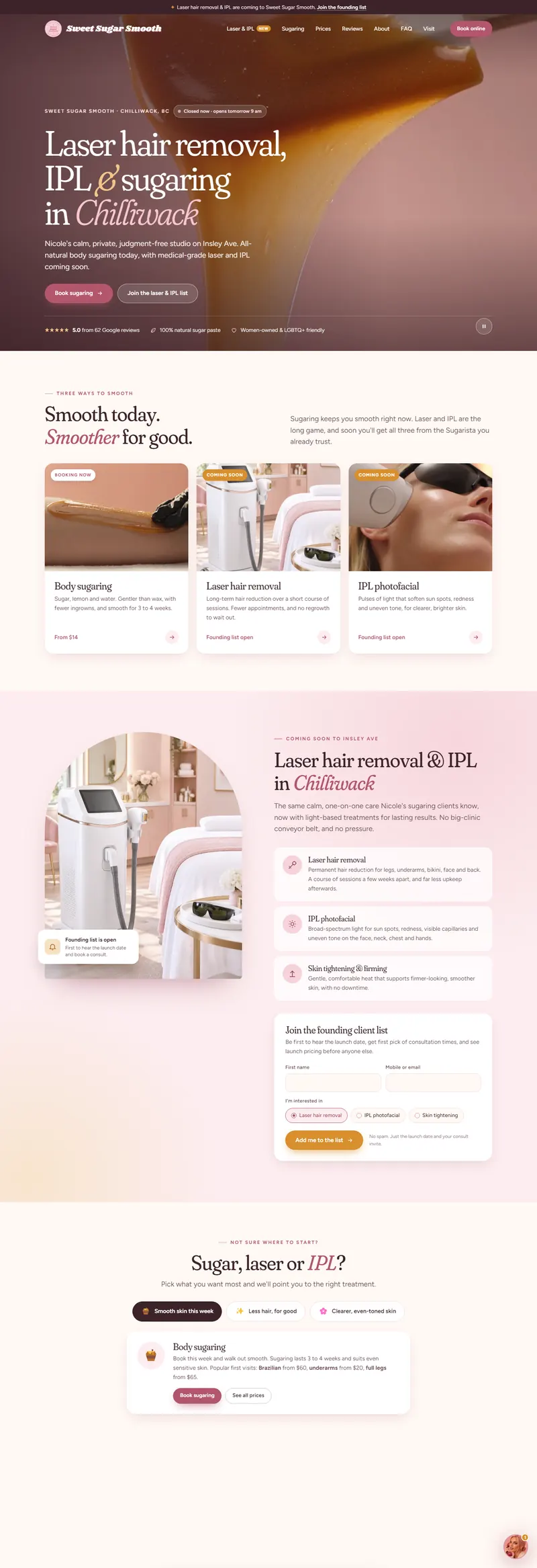 Website design for a sugaring, laser and ipl studio, by Hello Bella